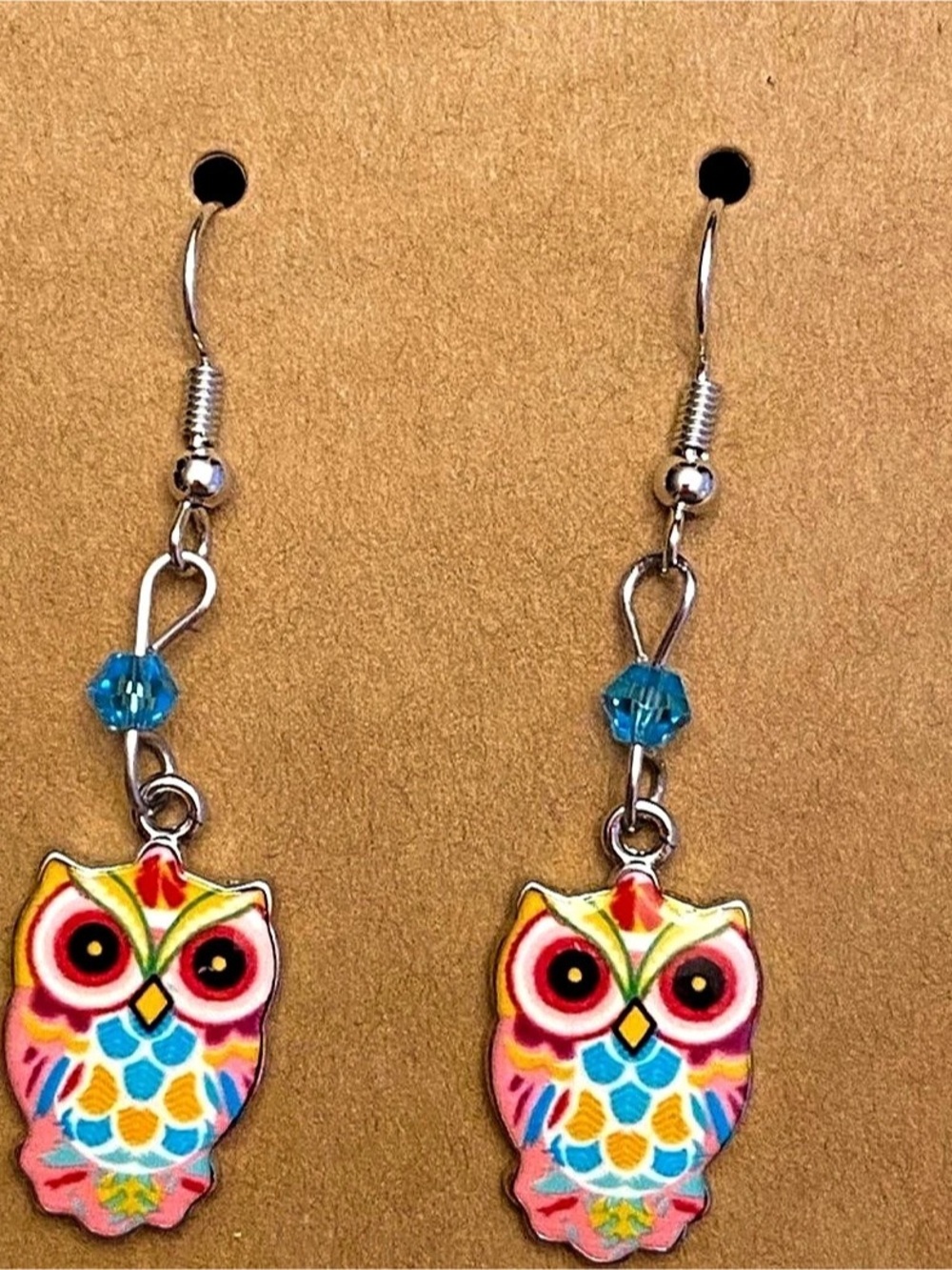 Hand Crafted Pink Multicolor Beaded Owl Dangle Earrings